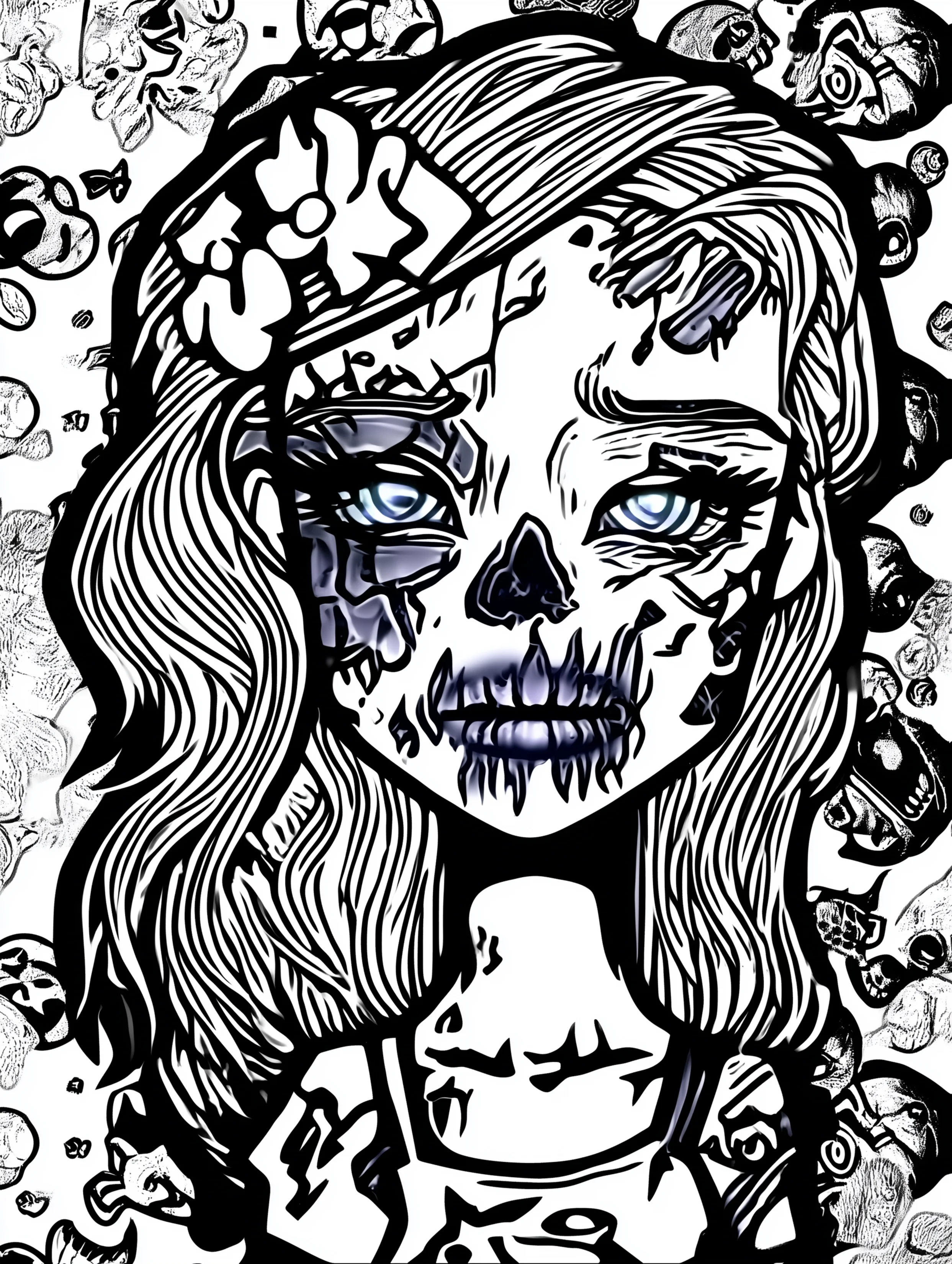 Free printable zombie coloring page for adults featuring a concerned female zombie